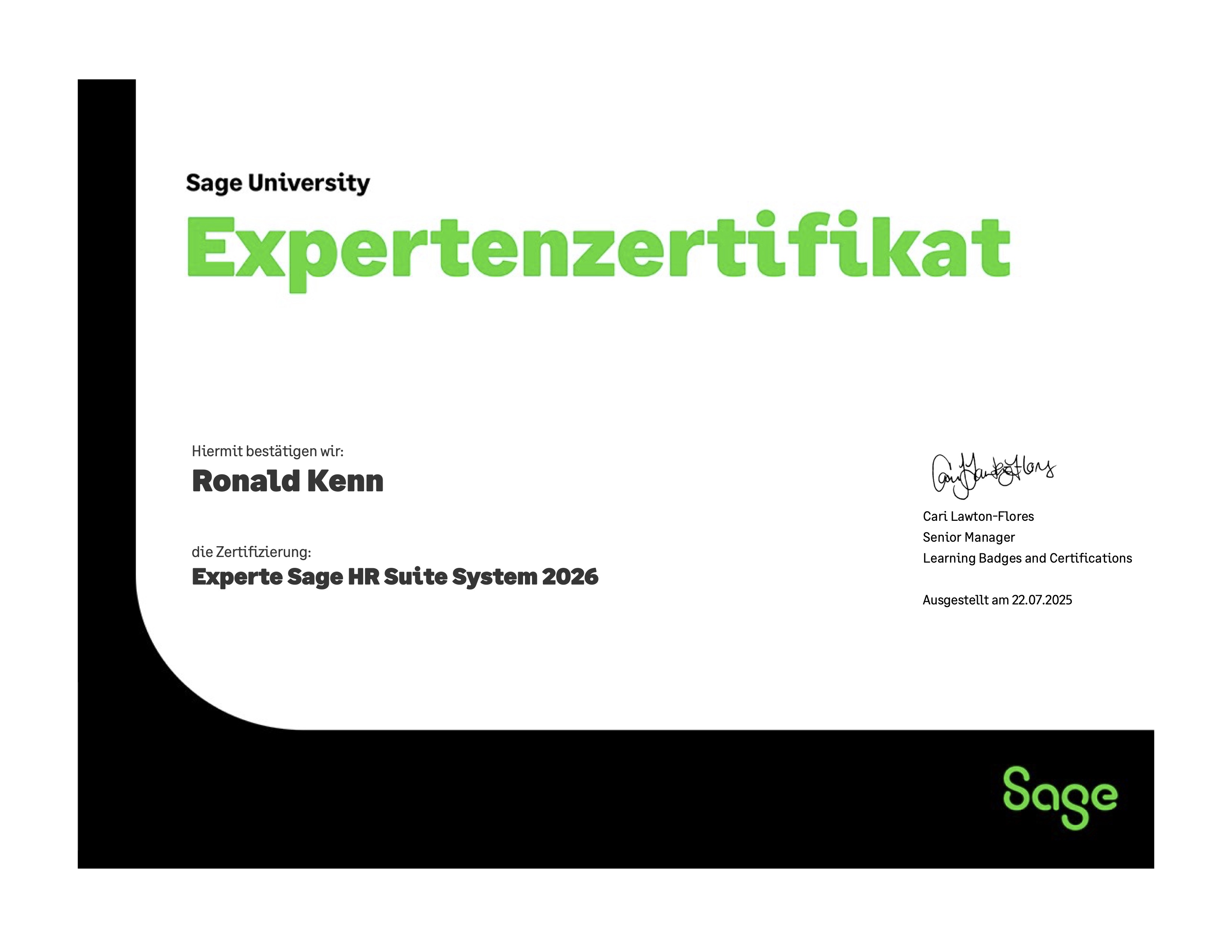 Bild vom Zertifikat Experte Sage HR Suite System 2026